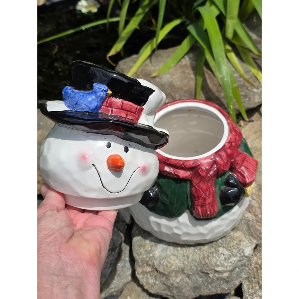 Fantasy Ltd Christmas Snowman Ceramic Cookie Jar Blue Bird Top‎ Hat Red Scarf